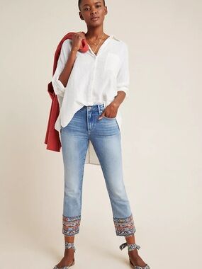DRIFTWOOD Light Blue Cropped Jeans with Multicolor Embroidered Hem Size 25